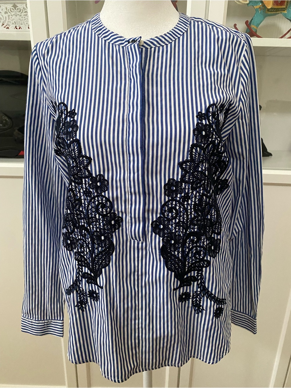 Blue White Stripe Embroidered Round Neck Tunic Top Women EU 36 US Small Boho